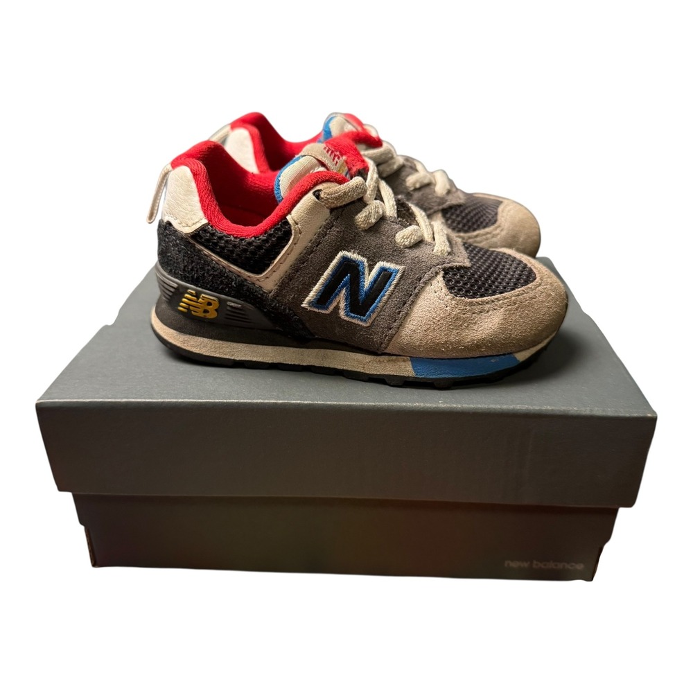 New Balance 574 Bungee Lace Sneakers Toddler Grey Blue‎ Red Accent Shoes